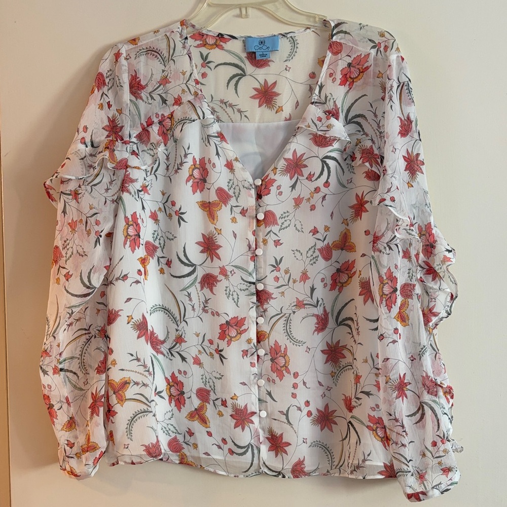 CeCe Floral Ruffle Long Sleeve Boho‎ Romantic Whimsical Blouse, size L